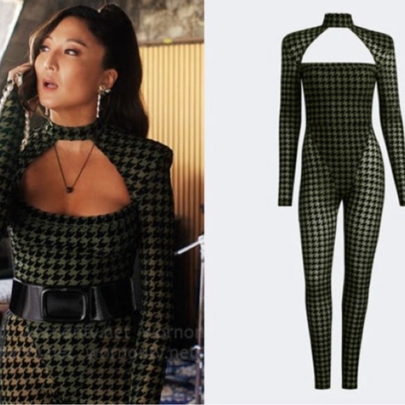 Chic Black and Green Houndstooth Jumpsuit